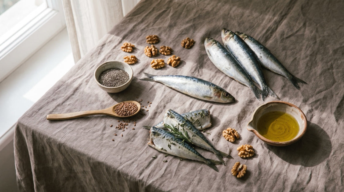 Aliments riches en oméga-3 sur une nappe en lin taupe : sardines, maquereau, noix, graines de chia