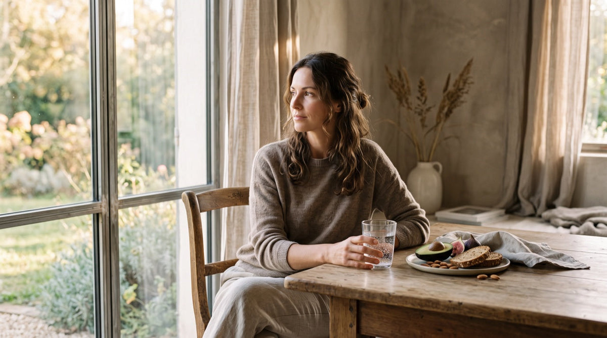 Femme dans un intérieur chaleureux lors de sa routine bien-être du matin, lumière dorée