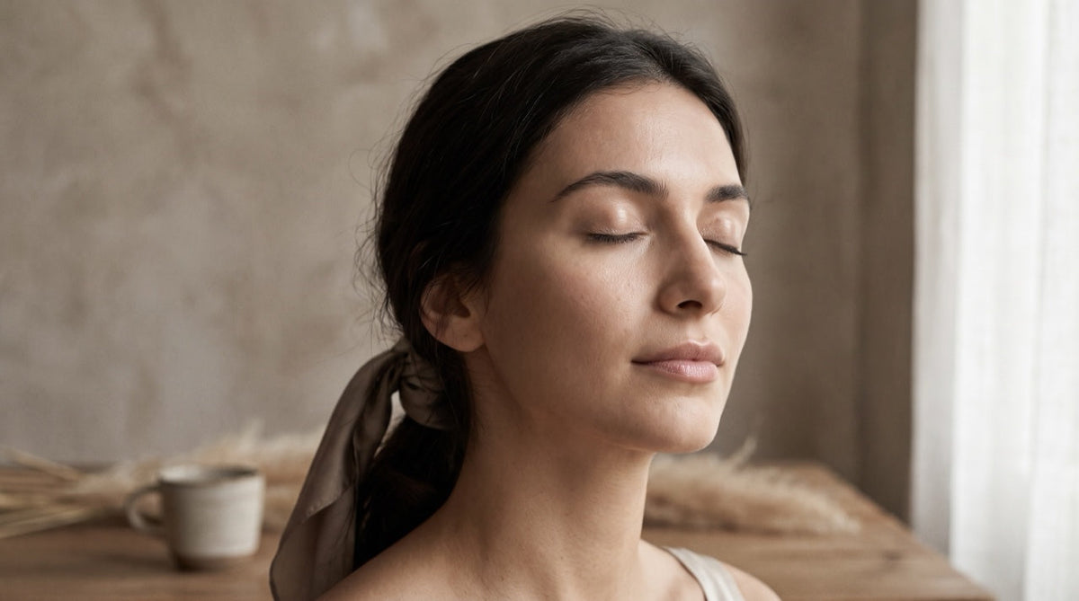 Portrait d'une femme à la peau lumineuse et éclatante, lumière naturelle douce