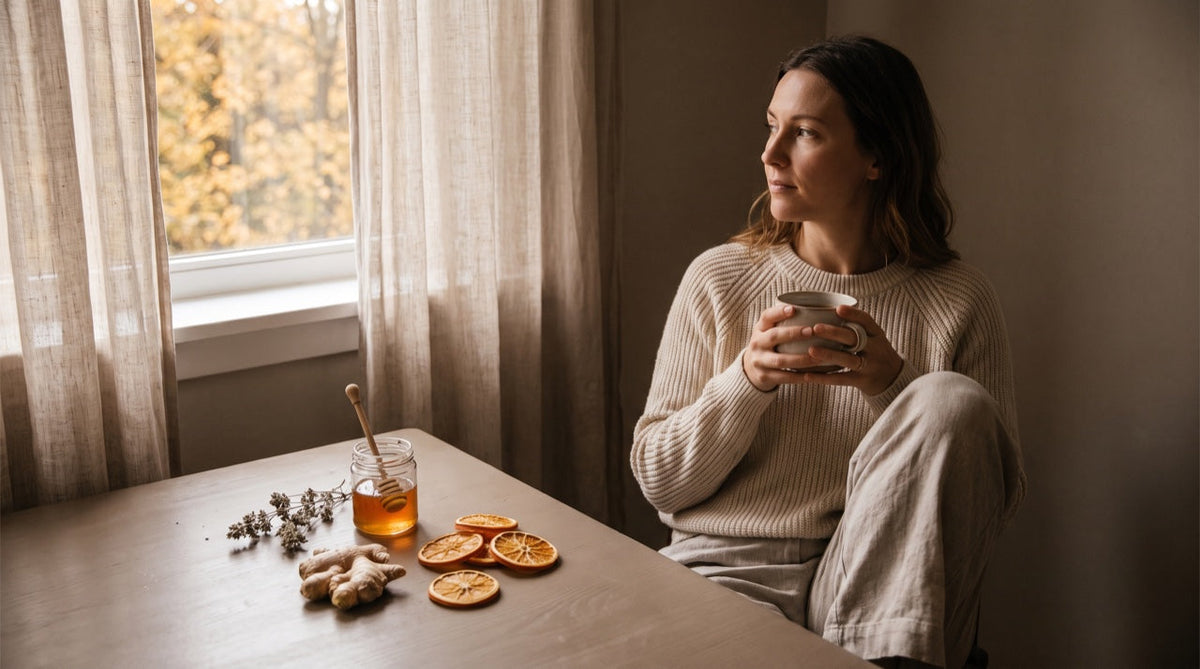 Scène automnale chaleureuse : une femme tient une tasse de tisane, agrumes et gingembre à côté
