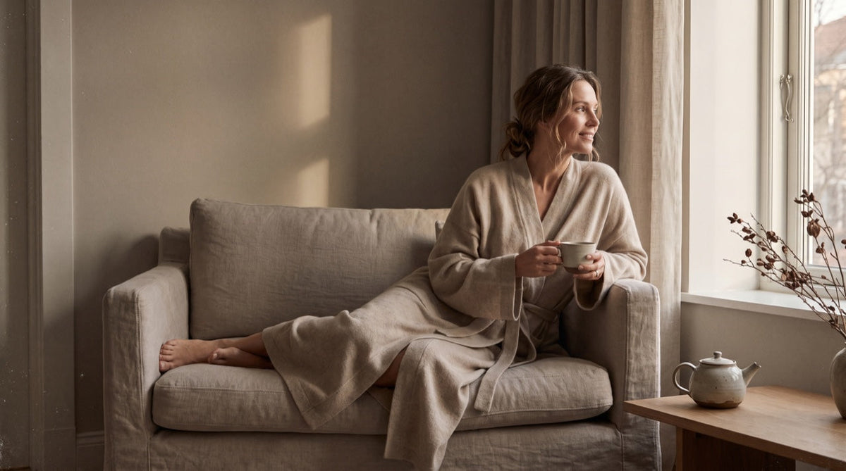 Femme se relaxant le soir dans une lumière chaude et douce, tasse de tisane, ambiance sereine