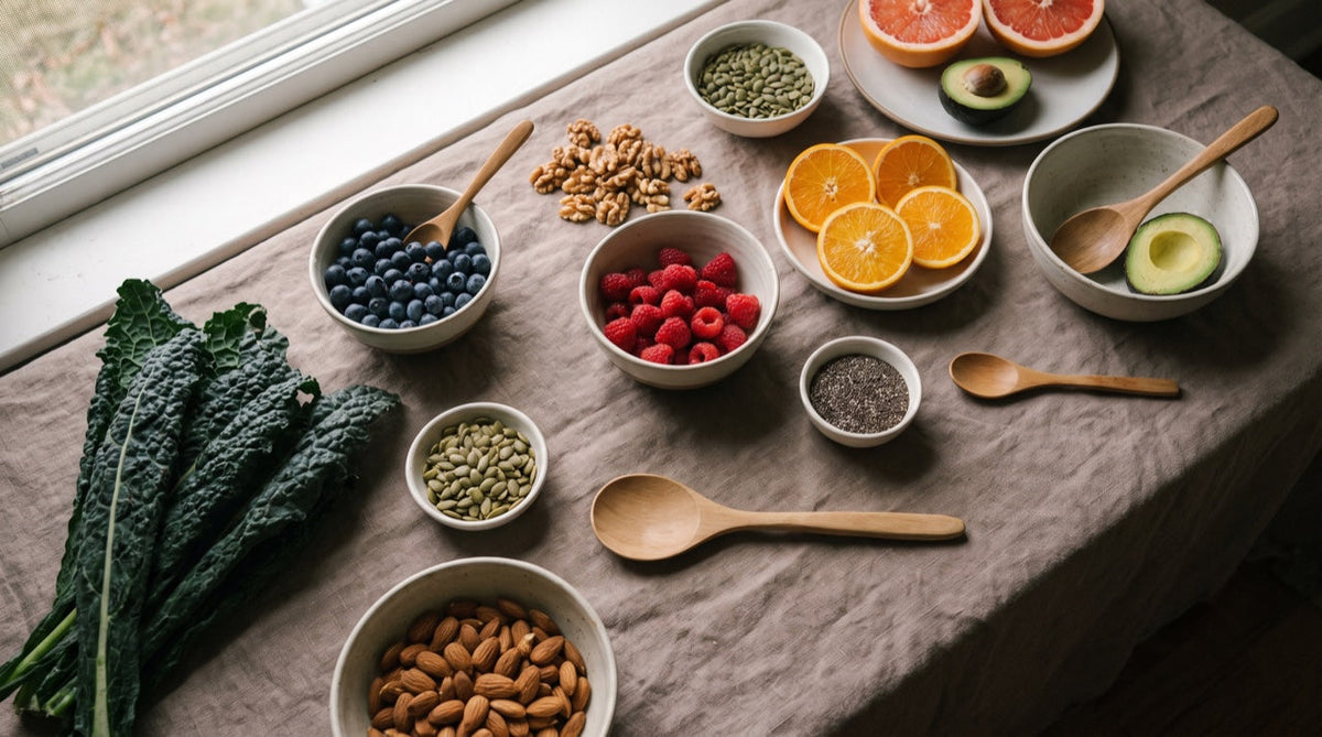 Aliments frais et colorés riches en micronutriments sur une surface taupe chaleureuse