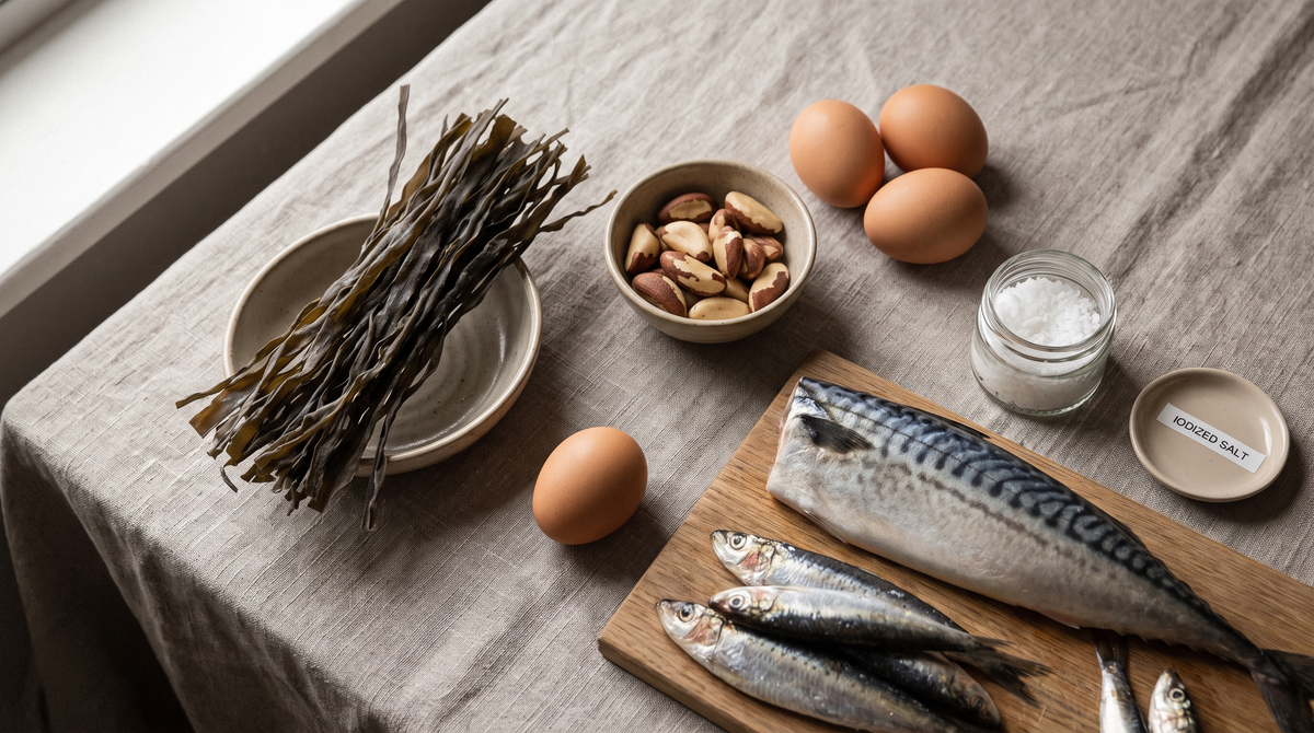 Aliments riches en iode et sélénium pour la fonction thyroïdienne : algues, noix du Brésil, œufs, poisson