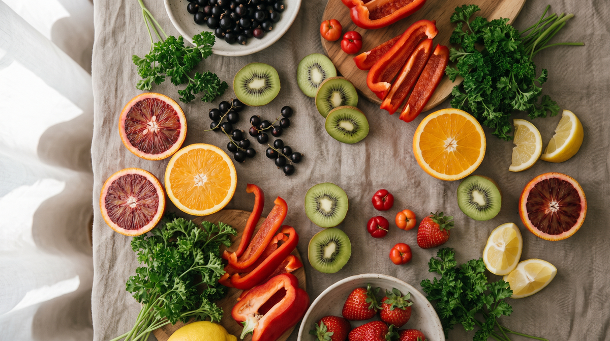 Aliments riches en vitamine C : oranges, kiwi, poivron rouge, cassis, acérola