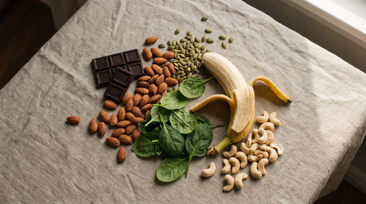 Aliments riches en magnésium : chocolat noir, amandes, graines de courge, épinards