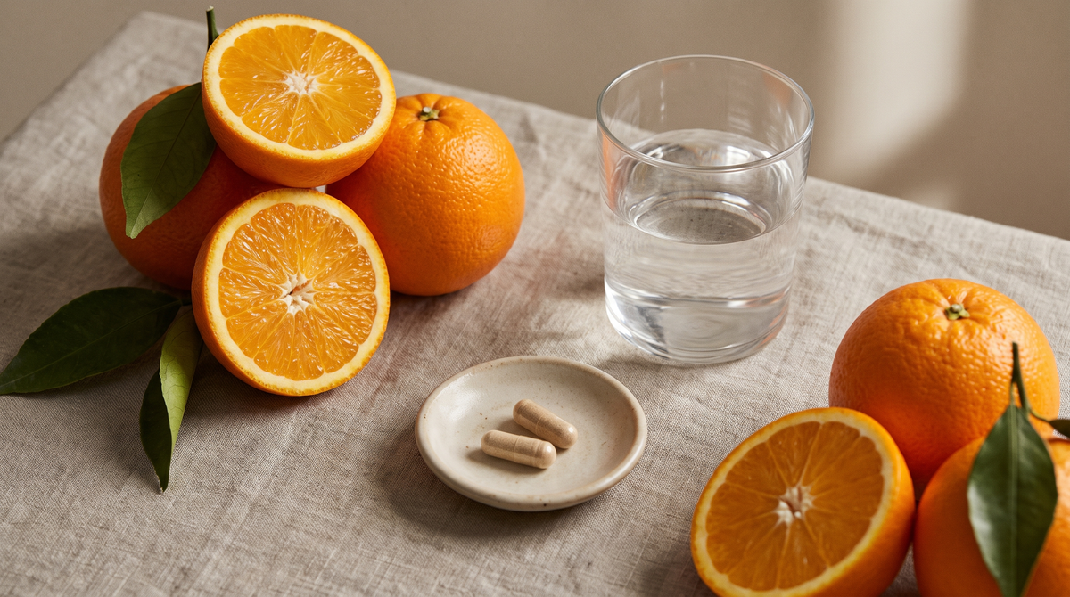 Oranges, verre d'eau et complément de vitamine C sur lin greige