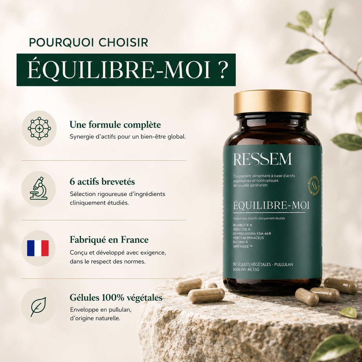 Gélules végétales ÉQUILIBRE-MOI RESSEM, complément adaptogène et nootropique